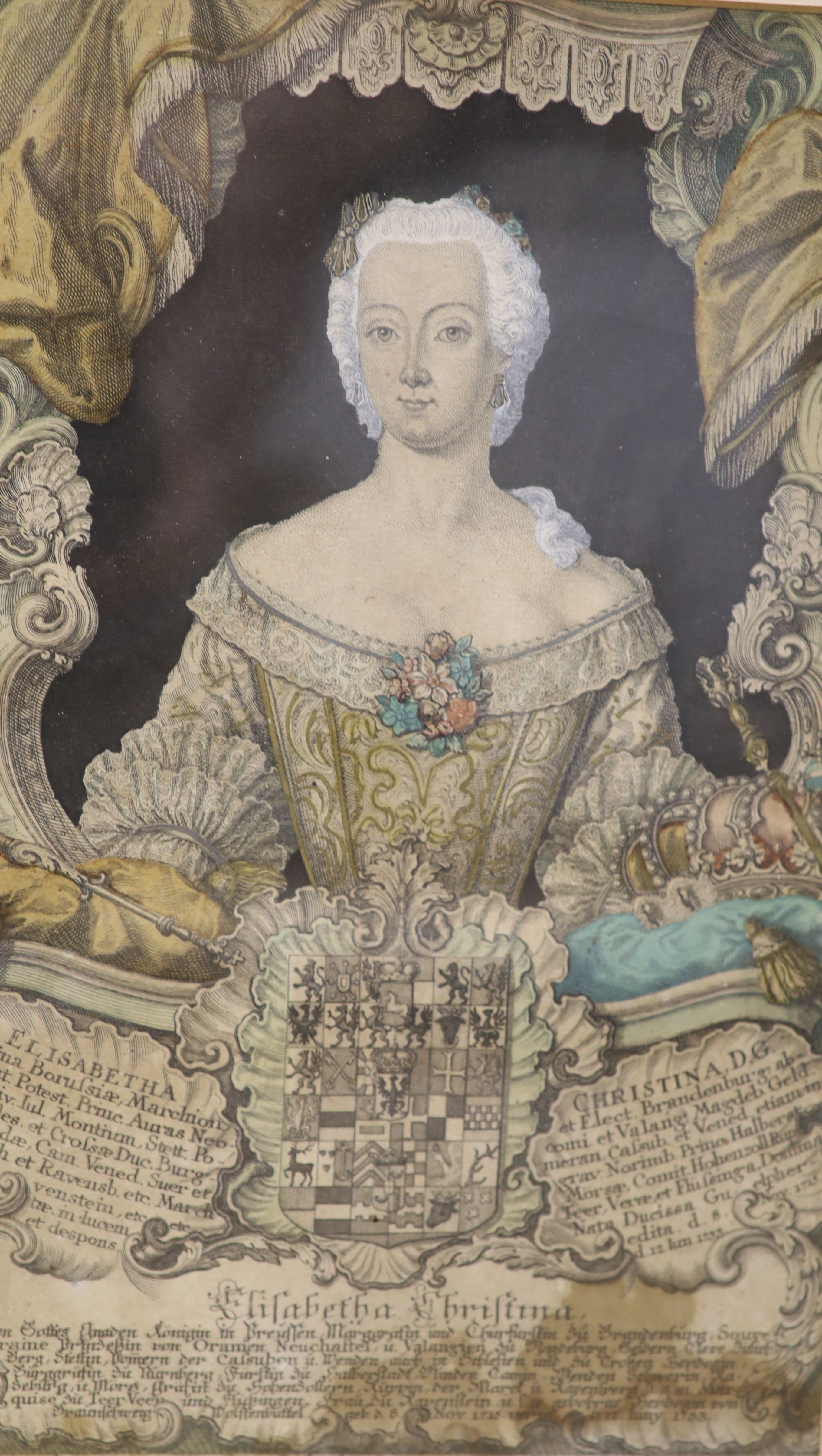 Iohann Christian Leopold, pair of coloured engravings, Portraits of Georg II and Elizabetha Christina, 29 x 18cm